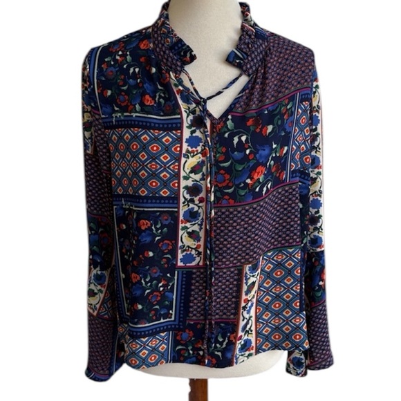 Hazel Anthropologie Boho Multicolor Floral Patchwork Blouse Bell Sleeve Women M - Picture 2 of 13